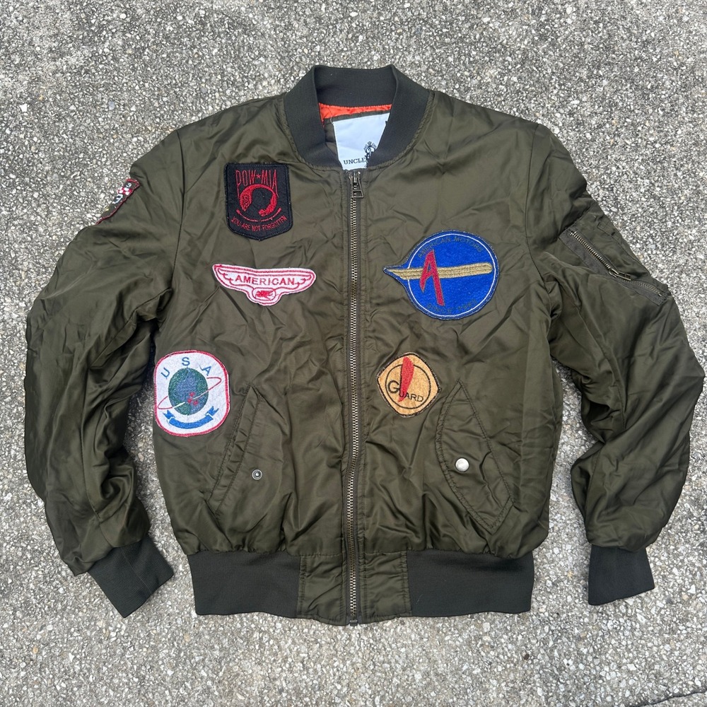 Uncle Ralph Mens Olive Green Multi Patch Bomber Flight Jacket Size Medium